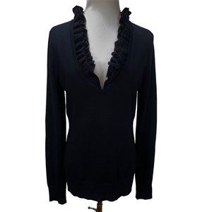 New Tory Burch Black Merino Wool Ruffle Neck Long Light Sweater Size M Tunic
